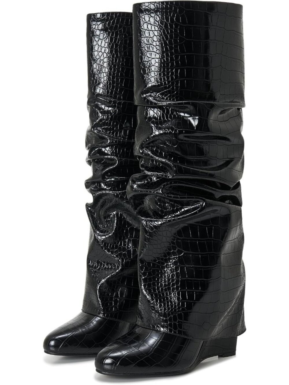 Women's Black 4 Inch Wedge Pointed Toe Pull-On Shark Knee High Heeled Boots